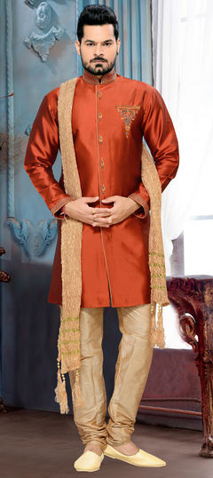 Orange color Sherwani in Satin Silk, Silk fabric with Embroidered, Patch work