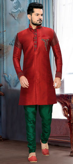 Red and Maroon color Sherwani in Art Silk, Jute fabric with Patch, Stone, Thread work