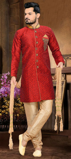 Red and Maroon color Sherwani in Jacquard fabric with Patch, Stone work