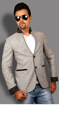 Casual Black and Grey color Blazer in Cotton, Jute fabric with Thread work : 502636