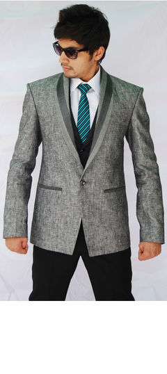 Black and Grey color Blazer in Cotton, Jute fabric with Thread work