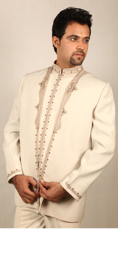 White and Off White color Jodhpuri Suit in Brocade, Satin Silk fabric with Cut Dana, Embroidered work