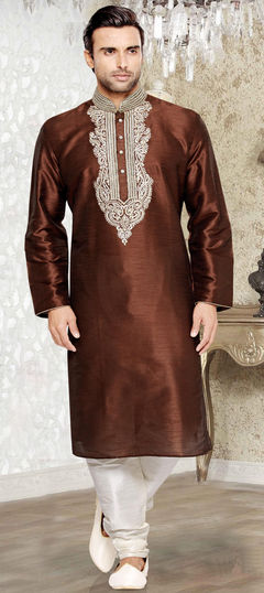 503910: Beige and Brown color Kurta Pyjamas in Art Dupion Silk fabric with Stone, Thread work