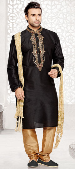 503912: Black and Grey color Kurta Pyjamas in Art Dupion Silk fabric with Stone, Thread work