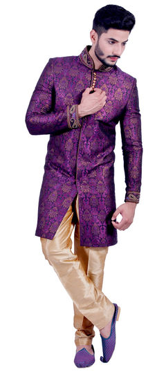 Purple and Violet color IndoWestern Dress in Brocade fabric with Thread work
