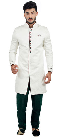 White and Off White color IndoWestern Dress in Brocade, Silk fabric with Thread work