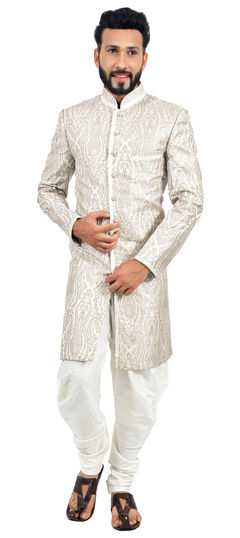 White and Off White color IndoWestern Dress in Brocade, Linen fabric with Thread work