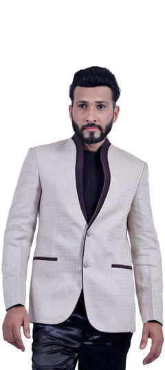 White and Off White color Blazer in Linen fabric with Thread work