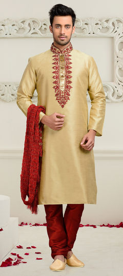 Beige and Brown color Kurta Pyjamas in Art Dupion Silk fabric with Stone, Thread work : 504772