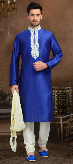 504773: Blue color Kurta Pyjamas in Art Dupion Silk fabric with Stone, Thread work