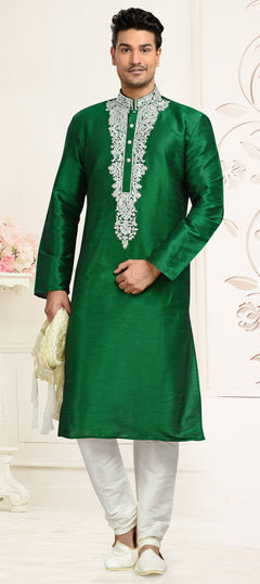 504774: Green color Kurta Pyjamas in Art Dupion Silk fabric with Stone, Thread work