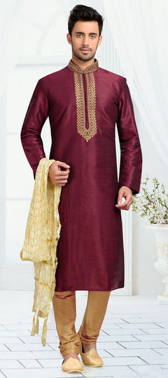 504775: Red and Maroon color Kurta Pyjamas in Art Dupion Silk fabric with Stone, Thread work