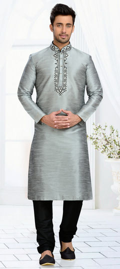 Black and Grey color Kurta Pyjamas in Art Dupion Silk fabric with Stone, Thread work