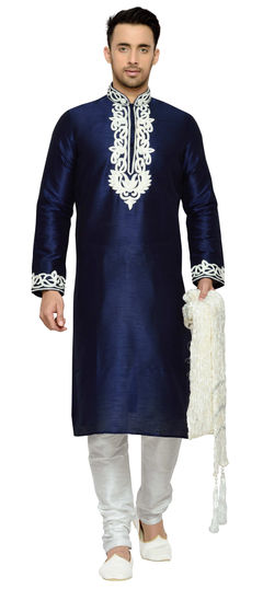 505069: Blue color Kurta Pyjamas in Raw Dupion Silk fabric with Embroidered work