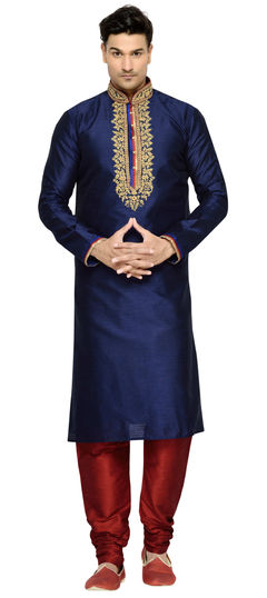 505070: Blue color Kurta Pyjamas in Raw Dupion Silk fabric with Embroidered, Zari work