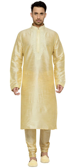 505079: Beige and Brown color Kurta Pyjamas in Raw Dupion Silk fabric with Embroidered work