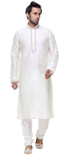 White and Off White color Kurta Pyjamas in Silk fabric with Thread work