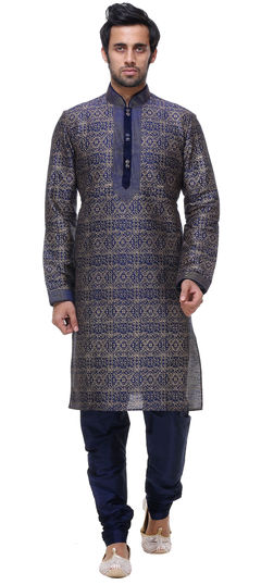 Blue color Kurta Pyjamas in Silk fabric with Lace, Printed, Thread work