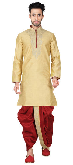 Gold color Dhoti Kurta in Bhagalpuri, Silk fabric with Embroidered work : 505923