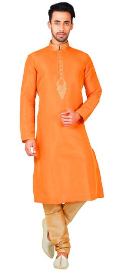 Orange color Kurta Pyjamas in Bhagalpuri, Silk fabric with Embroidered work