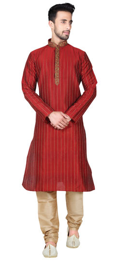 Red and Maroon color Kurta Pyjamas in Art Silk fabric with Lace work
