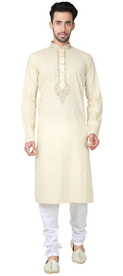 Beige and Brown color Kurta Pyjamas in Cotton fabric with Embroidered work