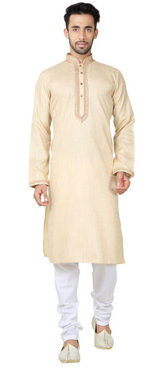 Beige and Brown color Kurta Pyjamas in Cotton fabric with Embroidered work