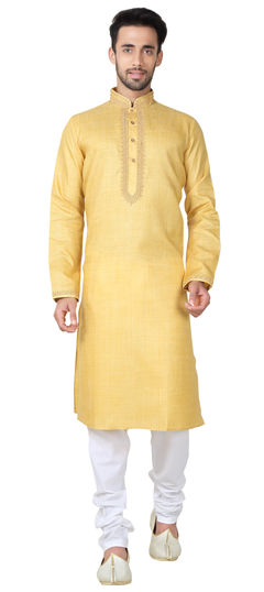 Yellow color Kurta Pyjamas in Cotton fabric with Embroidered work