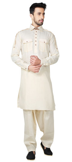 Beige and Brown color Pathani Suit in Cotton, Linen fabric with Thread work