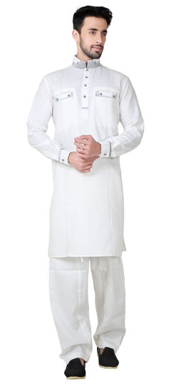 White and Off White color Pathani Suit in Cotton, Linen fabric with Thread work