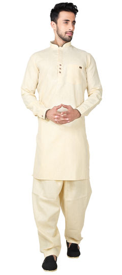 Beige and Brown color Pathani Suit in Cotton, Linen fabric with Thread work