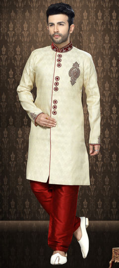 Beige and Brown color Sherwani in Jacquard fabric with Patch, Stone work