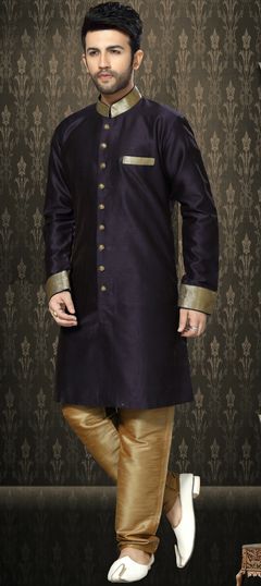 Blue color Sherwani in Silk fabric with Lace work