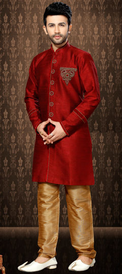 Red and Maroon color Sherwani in Silk fabric with Patch, Stone work