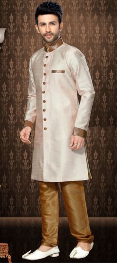 Beige and Brown color Sherwani in Silk fabric with Lace work