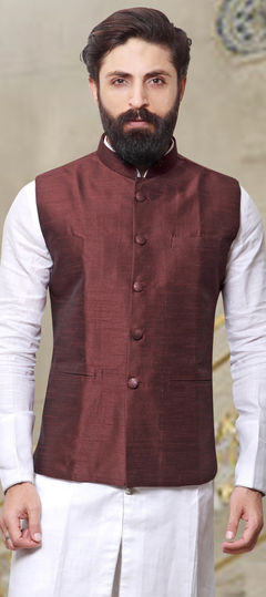 Red and Maroon color Nehru Jacket in Silk fabric with Thread work