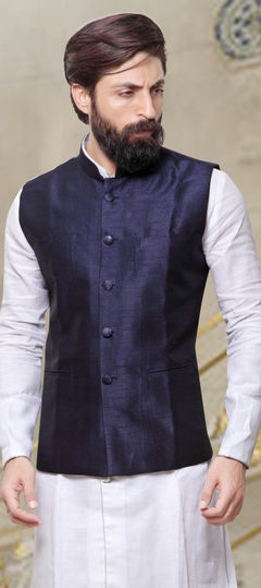 Blue color Nehru Jacket in Silk fabric with Thread work