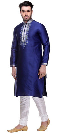 Blue color Kurta Pyjamas in Art Dupion Silk fabric with Embroidered, Thread work