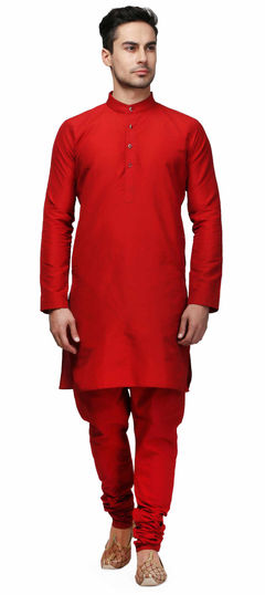 Red and Maroon color Kurta Pyjamas in Raw Dupion Silk fabric with Stone work