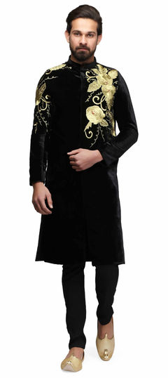 Black and Grey color Kurta Pyjamas in Velvet fabric with Embroidered, Thread, Zari work