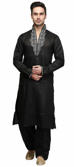 Black and Grey color Kurta Pyjamas in Raw Dupion Silk fabric with Sequence, Stone, Zari work