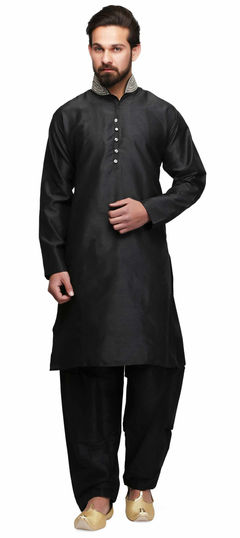 Black and Grey color Kurta Pyjamas in Georgette fabric with Embroidered, Thread work