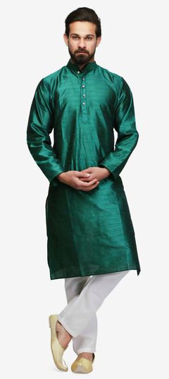 Green color Kurta Pyjamas in Raw Dupion Silk fabric with Stone work