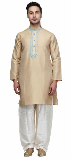 Beige and Brown color Kurta Pyjamas in Cotton fabric with Embroidered, Thread work