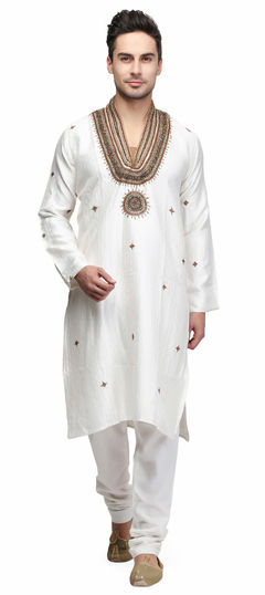 White and Off White color Kurta Pyjamas in Raw Dupion Silk fabric with Bugle Beads, Dabka work