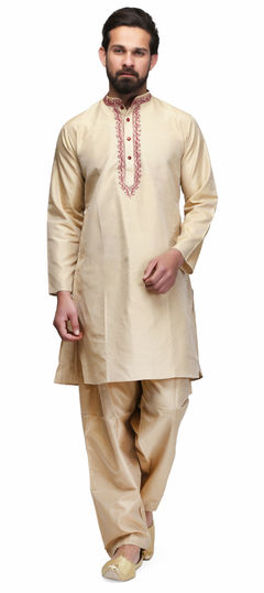 Beige and Brown color Kurta Pyjamas in Cotton fabric with Embroidered, Thread work