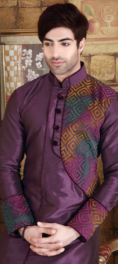 Purple and Violet color Kurta Pyjamas in Banarasi Silk fabric with Printed work