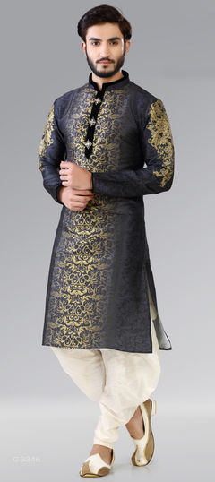 Black and Grey, Gold color Kurta Pyjamas in Art Dupion Silk fabric with Printed work