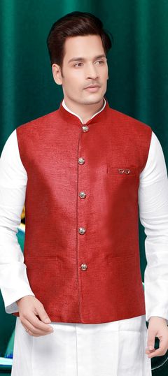 Red and Maroon color Nehru Jacket in Jute fabric with Thread work