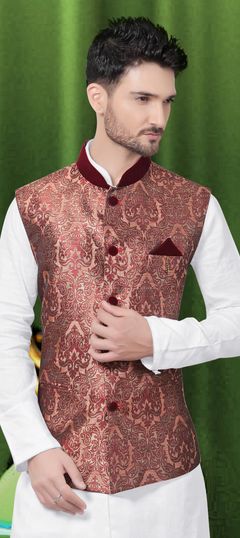 Red and Maroon color Nehru Jacket in Brocade fabric with Thread work